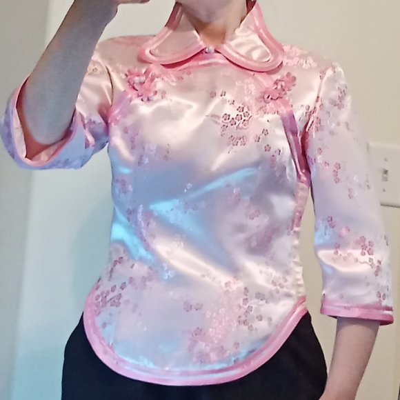 Pink Chinese Formal Traditional Cherry Blossom Shirt Women's Small Frog Ties - Picture 4 of 13